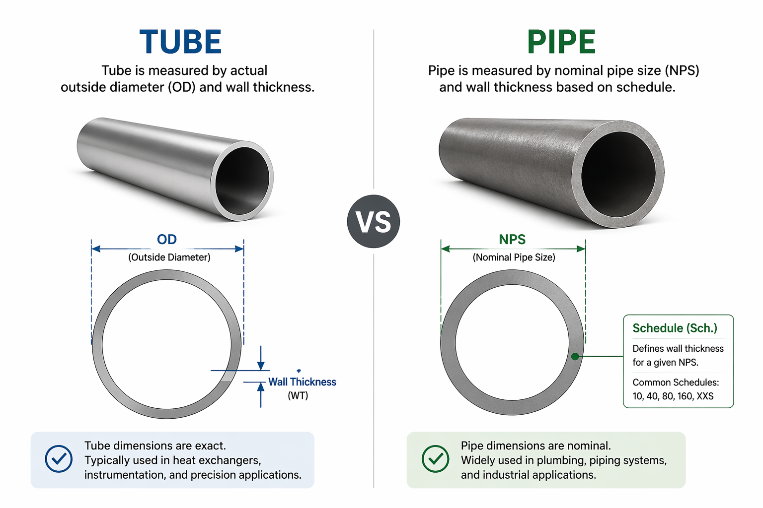 ASTM B338 против ASTM B861: Окончательное руководство по титановым трубам и трубопроводам 2 pipe-dimensions-diagram.png Техническая диаграмма, показывающая различия между титановой трубой (OD/WT) и титановой трубой (NPS/Schedule).