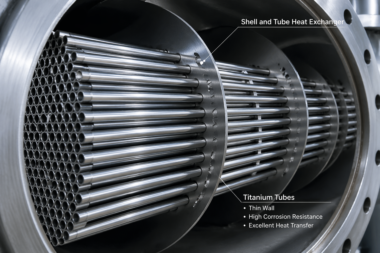 ASTM B338 против ASTM B861: Окончательное руководство по титановым трубам и трубопроводам 3 Титановые трубы ASTM B338 Grade 2, установленные в пучке кожухотрубных теплообменников.