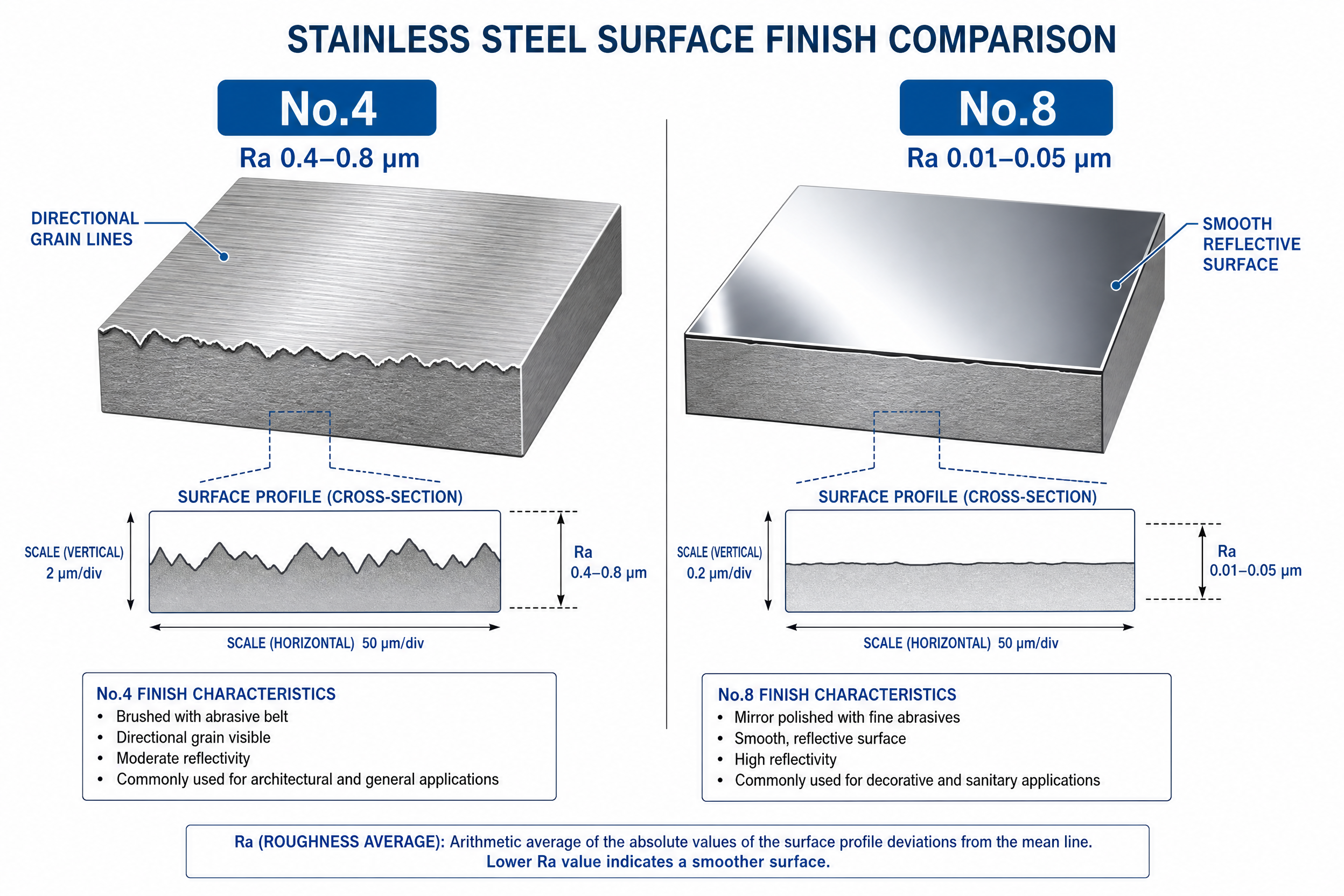 Engineering diagram comparing brushed #4 vs mirror #8 stainless steel surface cross-section - Ra value labels and grain texture illustration